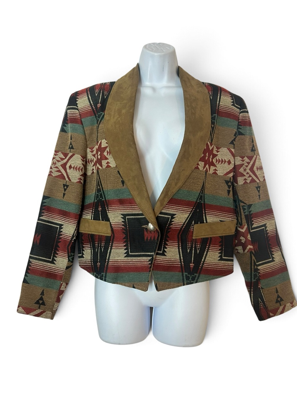 Pioneer Wear Vtg 90s Southwestern Cropped Bolero Jacket Tan Suede Trim Sz 12 USA